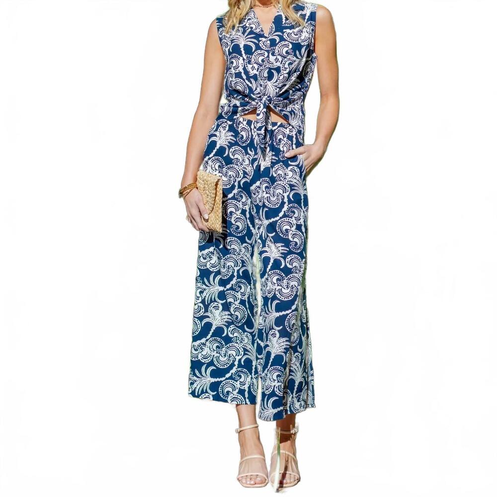 NEW LA MER LUXE kinsley pant full length pull-on pant in navy palm paisley